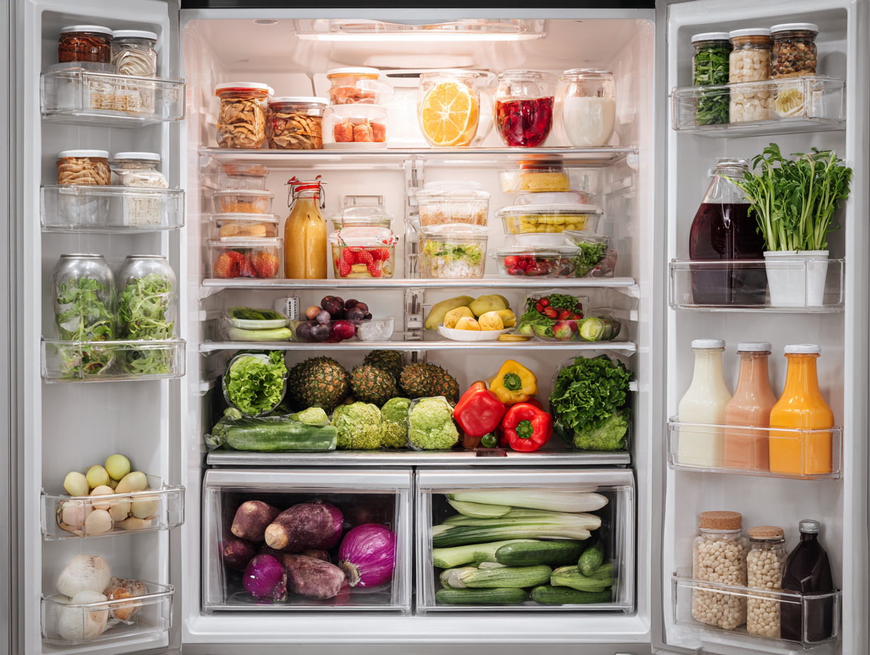 Різноманітні здорові продукти розкладені на столі для демонстрації збалансованого харчування